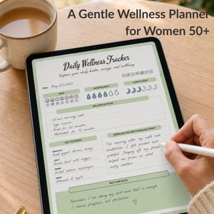 Pode incluir: Um planejador de bem-estar digital para mulheres com mais de 50 anos com o texto "Daily Wellness Tracker". O planejador inclui seções para humor, equilíbrio hídrico, atividades de bem-estar, nutrientes diários e notas de autocuidado. Uma xícara de café está ao lado do planejador.