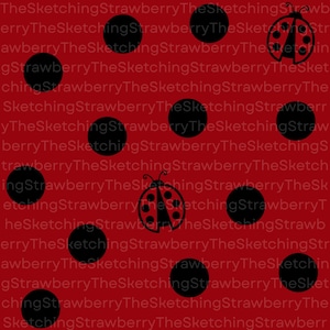 Peut inclure: Fond rouge avec un motif de pois noirs et des illustrations de coccinelles. Les coccinelles sont des silhouettes noires avec des détails sur les ailes et le corps. Le texte "TheSketchingStrawberry" est répété.
