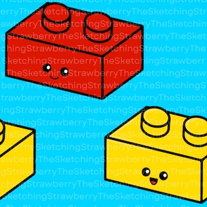 Smiley Building Bricks/Blocks - Kids Kawaii - Seamless Repeating Image File - Digital Download - Blue Background, 10 x 10 inch, PNG