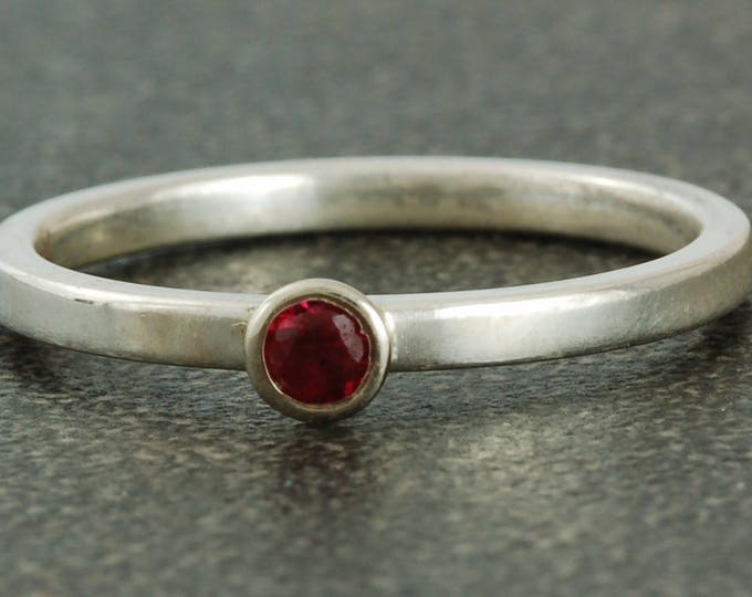 July Birthstone Ring | Natural Ruby | Sterling Silver Ring | White or Yellow Gold Bezel | Stacking Ring