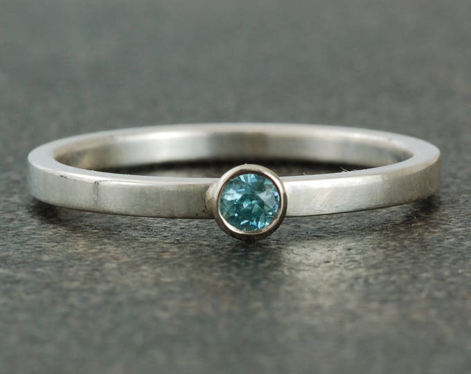 December Birthstone Ring | Natural Blue Zircon | Sterling Silver | White or Yellow Gold Bezel | Stacking Ring
