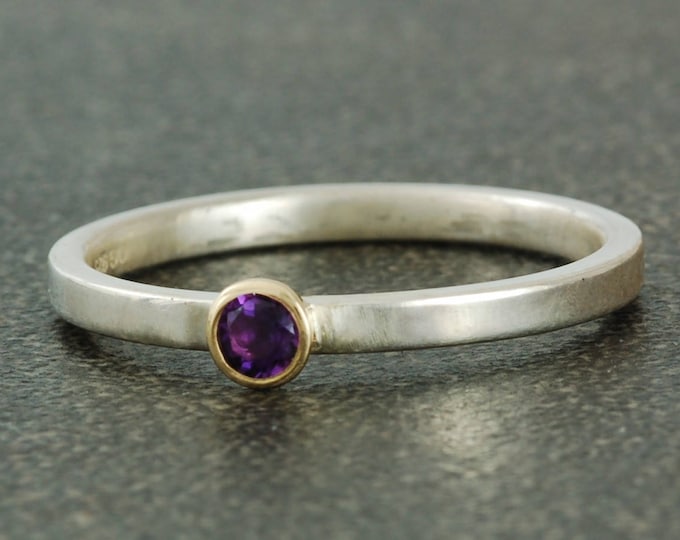 February Birthstone Ring | Natural Amethyst | Sterling Silver with White or Yellow Gold Bezel | Stacking Ring