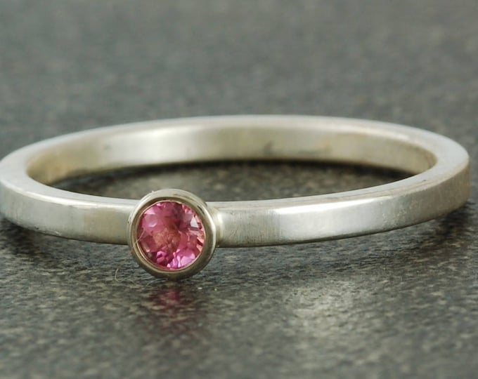 October Birthstone Ring | Natural Pink Tourmaline | Pink | Sterling Silver | White or Yellow Gold Bezel | Stacking Ring