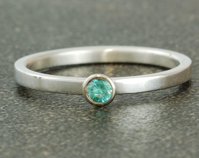 May Birthstone Ring |  Natural Light Green Emerald | Sterling Silver Ring | White or Yellow Gold Bezel | Stacking Ring