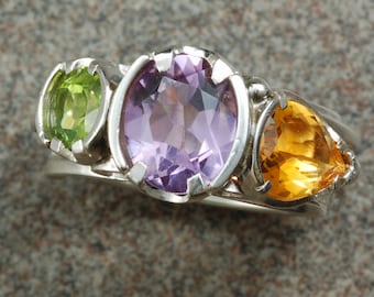 Sterling silver hand-made, amethyst, peridot, & citrine, kick-butt/nobody-else-will-ever-have-this-ring, ring.