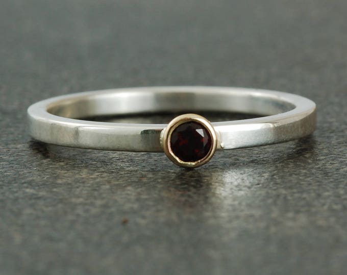 January Birthstone Ring | Genuine Garnet | Sterling Silver Ring | White or Gold Bezel | Stacking Ring