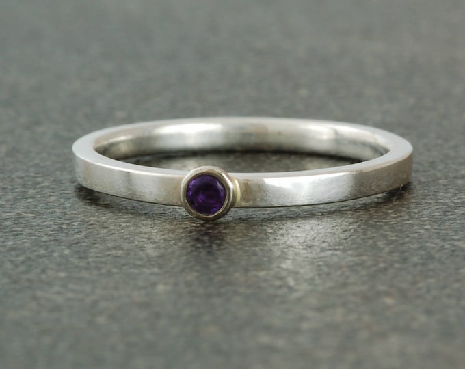 February birthstone ring, natural amethyst. Sterling silver ring available with white or yellow gold bezel; stacking.