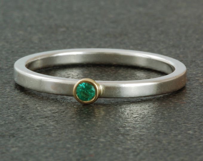 May birthstone ring. Natural emerald. Sterling ring available with white or yellow gold bezel. Stacking