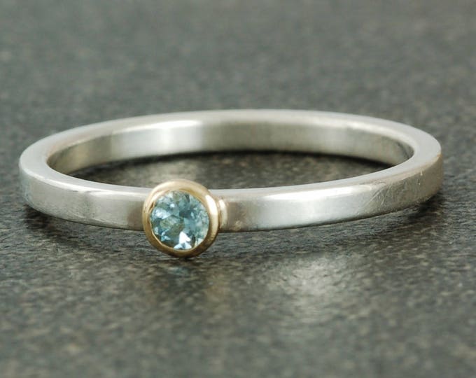 March Birthstone Ring | Genuine Aquamarine | Sterling Silver | White or Gold Yellow Bezel | Stacking Ring