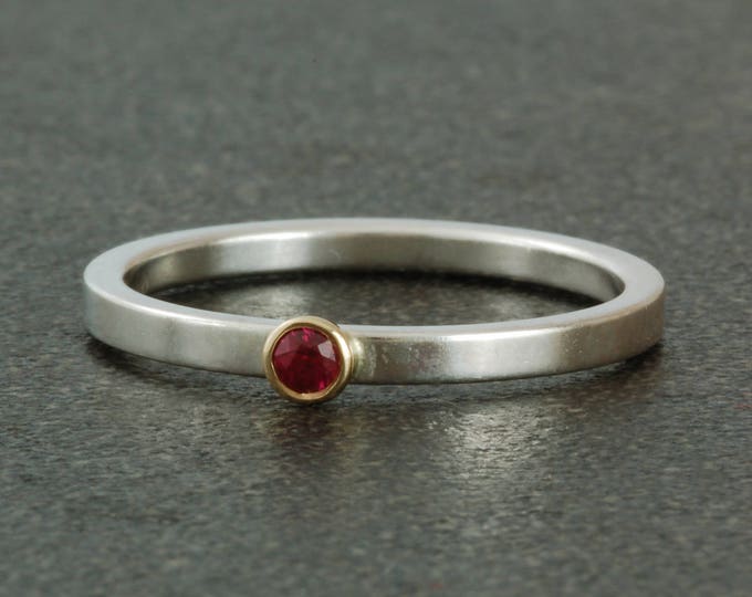 July birthstone ring; natural ruby.  Sterling silver ring available with white or yellow gold bezel; stacking.