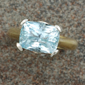 March birthstone ring | natural Aquamarine and diamond | two tone | 18 karat