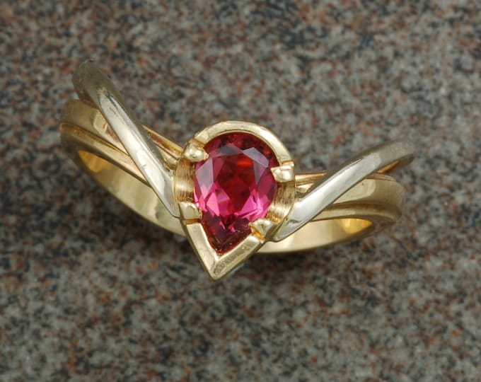 14 karat white and yellow gold hand crafted pink tourmaline ring