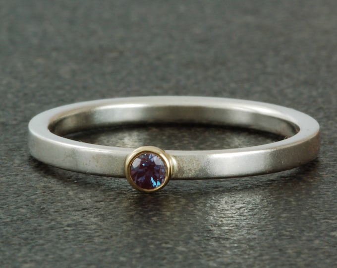 June birthstone ring, created Alexandrite. Sterling silver ring available with white or yellow gold bezel, stacking.