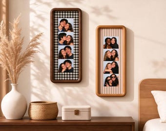 May include: Two rectangular wall-mounted picture frames with rounded corners. The left frame has a dark wood finish and a black and white gingham background. The right frame has a light wood finish and a vertical striped background.