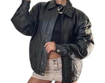 Vintage Black Genuine Leather Jacket Women Oversized Biker Leather Retro Streetwear Real  Coat