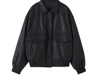 Black Genuine Leather Jacket Women Oversized Biker Leather Retro Streetwear Real  Coat