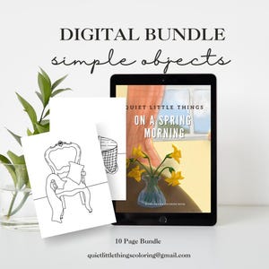 Puede incluir: Un paquete digital con una tableta que muestra la portada de un libro con el texto "ON A SPRING MORNING". Dos dibujos lineales de una silla y una cesta están junto a la tableta. El texto "DIGITAL BUNDLE simple objects" está en la parte superior.