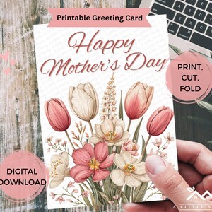 Cartão de Dia das Mães para impressão com tulipas em aquarela, cartão floral para download instantâneo para a mãe, cartão digital em dois tamanhos com modelo de envelope