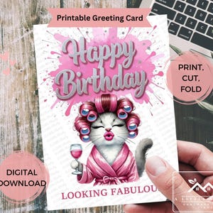 Carte d'anniversaire chat drôle imprimable, chat impertinent avec du vin en téléchargement numérique, carte d'anniversaire en téléchargement immédiat pour elle, tailles 4 x 6 et 5 x 7