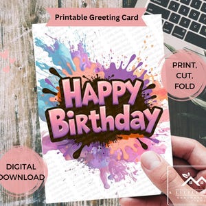 Bunte Geburtstagskarte, druckbare Geburtstagskarte Farbe Spritzen, Spaß künstlerische Karte Sofortiger digitaler Download, moderne Geburtstag Karte Datei