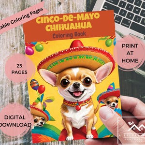 Kolorowanka Chihuahua Fiesta do druku – Cinco de Mayo Strony aktywności dla dzieci, Pobierz PDF z psami Sombrero i łamigłówkami słownymi