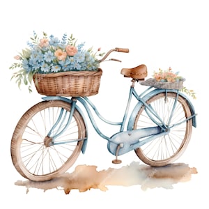10 Watercolor Vintage Bicycle Clipart | Pale Blue Bike with Flower Basket, Leather Seat | Romantic Countryside Art,  Sublimation Quality JPG