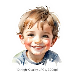 10 aquarel jongen clipart | Glimlachend jongetje portret illustratie | Schattige kinderkunst voor kaarten en decoratie| Directe JPG-download van hoge kwaliteit