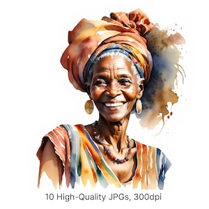 10 Watercolor Black Elderly Woman Clipart | African American Old Grandma Sublimation, Afro Hair Mom Art |  High-Quality JPG Instant Download