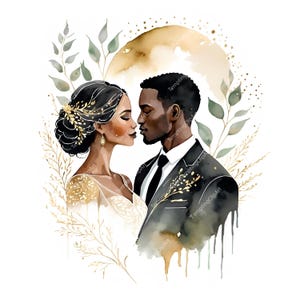 10 imágenes prediseñadas de boda en acuarela negra / Novios afroamericanos en dorado y eucalipto / JPG de alta resolución, arte bohemio, descarga instantánea