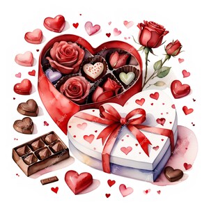 10 imágenes prediseñadas de San Valentín: Carta de amor en acuarela, caja de bombones con forma de corazón y rosas. Arte romántico encantador. Descarga en formato JPG de alta calidad.