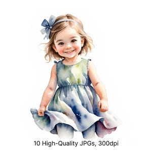10 Aquarell Mädchen Clipart | Lächelndes kleines Mädchen im niedlichen Kleid Illustration | Hochwertige JPG für Kindergeburtstagskarten, Dekor, Scrapbook-Kunst