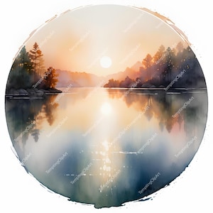 Watercolor Lake Dawn Clipart: Sun Rays, Soft Light (JPG Instant Download)