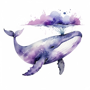 10枚の紫の水彩画クジラのクリップアート | 子供部屋にぴったりの夢のような紫色のクジラアート | 保育園の印刷可能な装飾 | JPG | すぐにダウンロード