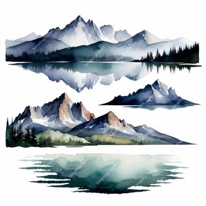 Watercolor Mountain Lake Clipart: Serene Landscape Art (JPG Digital Download 4096x4096px )