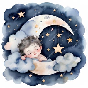 Watercolor Moon Clipart: Sleepy Nursery Stars & Clouds (JPG Download)
