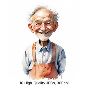 10 Clipart di nonni acquerellati / Anziano sorridente in abito / Arte di anziani afroamericani / Download JPG per decorazioni e biglietti di auguri per la famiglia