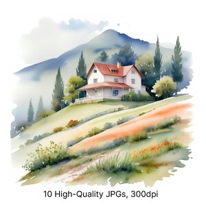 10 Aquarel plattelandshuis op heuvel | Serene afzonderingskunst | Witte achtergrond geïsoleerd | Directe JPG-download