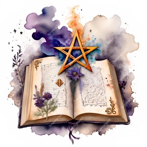 10 aquarel open spellbook clipartset | Latijnse bezweringen, gedroogde bloemen, pentagram, mystieke rook, hekserijkunst | Sublimatie JPG