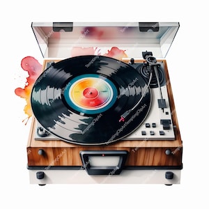10 imágenes prediseñadas de discos de vinilo y tocadiscos en acuarela / Arte musical retro, scrapbooking y manualidades con temática musical, JPG de alta calidad (descarga digital)