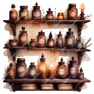 10 clipart de prateleira de boticário de bruxa em aquarela | Poções, ervas, livros de feitiços e velas | Decoração de bruxa vintage, qualidade de sublimação, download em JPG