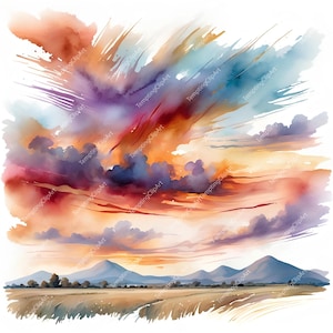 Watercolor Sunset Clipart: Ocean, Lake & Hill Views (JPG Digital Download for Commercial Use)