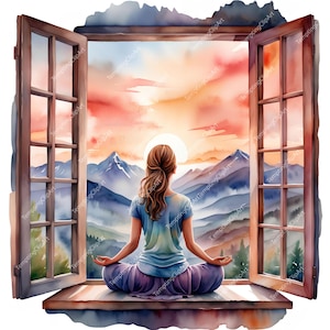 10 Clipart di donne in meditazione ad acquerello / Finestra aperta con vista sull'alba sulle montagne / Arte Zen femminile calma / Download JPG di alta qualità