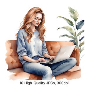 10 Clipart di donne in videochiamata ad acquerello / Illustrazione di una ragazza sul divano con un tablet / Lavoro da remoto / Download istantaneo di JPG di alta qualità
