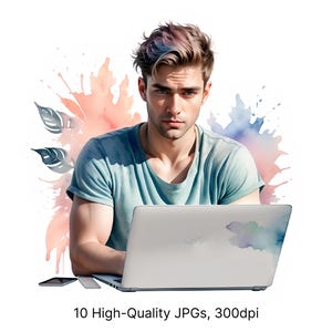 10 Aquarell Mann am Laptop Clipart | Hübsches Männerporträt in Pastell | Moderne Arbeitsplatz Kunst | Hochwertiger JPG Sofortdownload