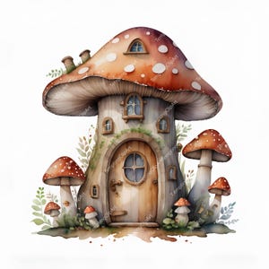 10 Watercolor Woodland Mushroom House Clipart | Toadstool Home with Door & Windows, Forest Fairy Art, Sublimation High-Quality JPG Download