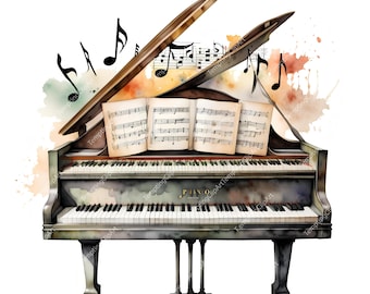 10 Vintage Piano Clipart Set | Watercolor Old Piano Keys & Sheet Music, Classical Music Art Bundle, High Quality JPGs, Digital Download