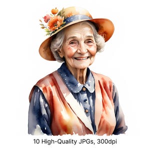 10 imágenes prediseñadas de anciana en acuarela / Arte de una anciana sonriente con vestido / Ilustración de abuela / Descarga JPG para tarjetas y decoración familiar