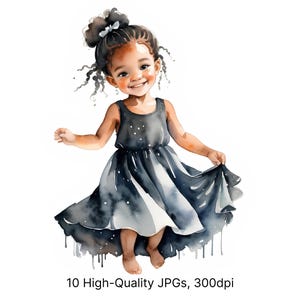 10 aquarel zwart meisje clipart | Glimlachend klein Afrikaans-Amerikaans meisje in jurkkunst, schattige baby | JPG-download voor kinderdecoraties en kaarten