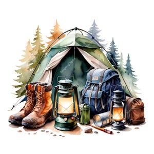 10 Watercolor Camping Clipart | Tent, Backpack, Hiking Boots & Thermos | Outdoor Adventure Art | High-Quality JPG Download