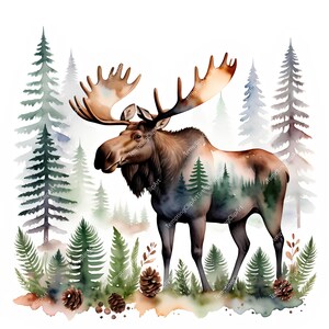 May include: Watercolor illustration of a majestic moose with large antlers, standing in a forest. The moose's body features a forest scene. The artwork includes pine trees, ferns, and pine cones, with a soft, watercolor style.